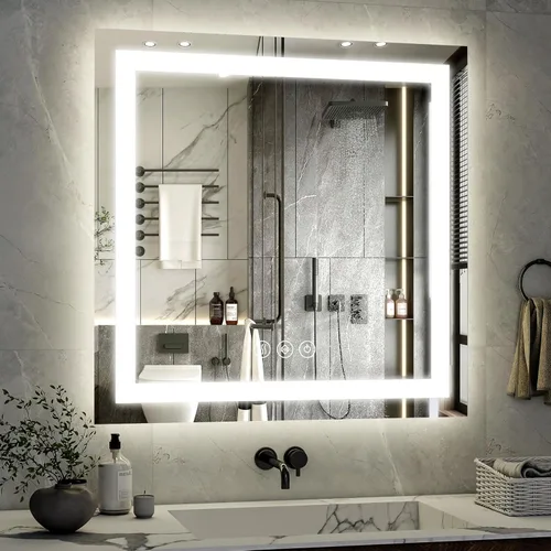 Vista 8 de XRAMFY Espejo de baño LED de 38 x 26 pulgadas con luces, espejo de pared con luz delantera y trasera, espejo de tocador de 3 colores con luces