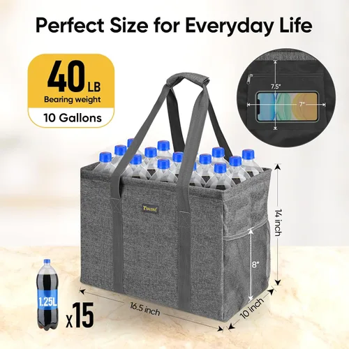 Vista 5 de BALEINE Bolsa utilitaria extra grande con marco de alambre para almacenamiento, Gris, 16,5 x 14 x 10 pulg.