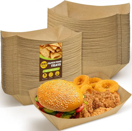 Vista 11 de Ocmoiy Bandejas de papel de 3 libras, paquete de 50 bandejas desechables para nachos, papel kraft de alta resistencia, soportes para botes