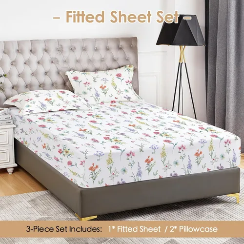 Vista 5 de YIYEA Sábana bajera tamaño matrimonial con funda de almohada, estampado floral de primera calidad, microfibra cepillada de 1800 hilos, tamaño de 16