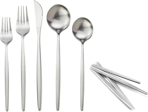 Vista 11 de JASHII Juego de cubiertos de acero inoxidable de 20 piezas, juego de utensilios de cocina ligeros para 4, mango plano, juego de cubiertos