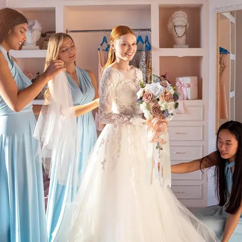 Vista 4 de ChezMax Ramo de novia de boda, rosas artificiales para novia con cintas, ramo de flores falsas de dama de honor de 11.8 pulgadas, ramo en cascada