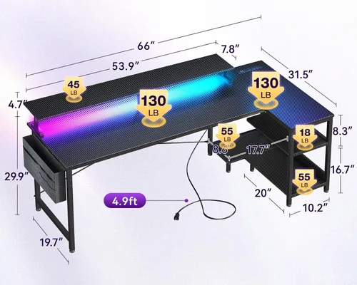 Vista 26 de ODK Escritorio para juegos de 40 pulgadas con tomas de alimentación USB y luces LED, escritorio reversible en forma de L con estantes de Superficie