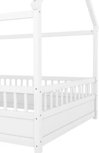Vista 26 de Bellemave Cama Montessori de madera con valla y techo para niños, marco de cama individual para niños, niñas (individual, blanco)