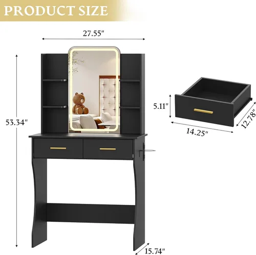 Vista 7 de Escritorio de tocador con espejo de luces LED y toma de corriente, pequeño juego de mesa de tocador de maquillaje con cajones de almacenamiento, 3
