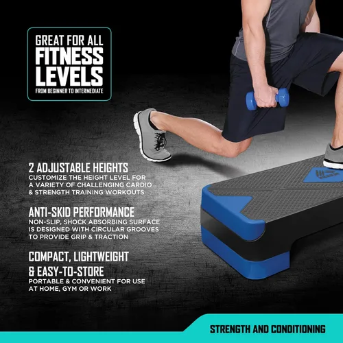 Vista 3 de RBX Plataforma de escalón aeróbico con superficie texturizada antideslizante, pasos ajustables de 2 niveles para ejercicio, compacta, ligera, fácil