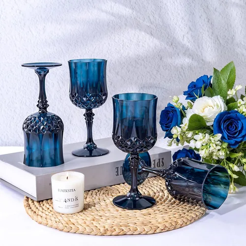 Vista 4 de Ciaell 24 copas de vino de plástico azul, copas de plástico de 7 onzas para fiesta, vasos azules vintage, juego de copas de agua desechables
