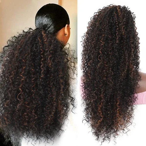 Vista 10 de Youthfee Cola de caballo con cordón de 27 pulgadas, rizado profundo, resistente al calor, cabello humano mezclado, extensión de cola de caballo