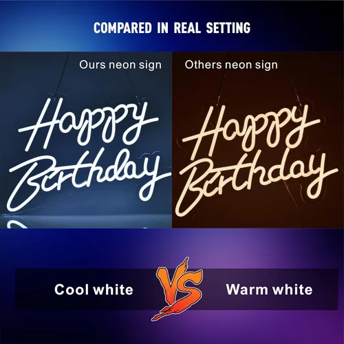 Vista 7 de Letrero de neón de feliz cumpleaños para decoración de pared, con interruptor regulable, letrero de luz de neón reutilizable para todas las Blanco