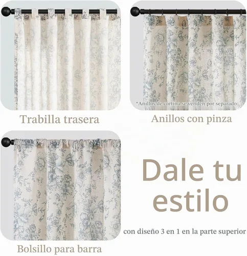 Vista 4 de Jinchan Cortinas de Mezcla de Lino con Estampado Floral para Sala de Estar, 84 Pulgadas de Largo, Cortinas con Bolsillo para Varilla y Tab Trasera