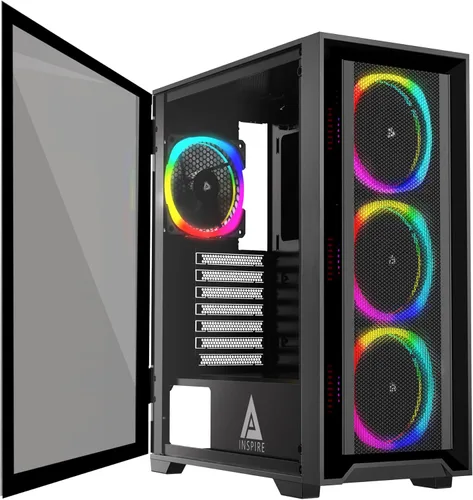 Vista 8 de Estuche Apevia Inspire-PK Inspire de torre media ATX para PC Gaming con 4 ventiladores ARGB de 120 mm, 366 modos de luz RGB, 1 panel frontal