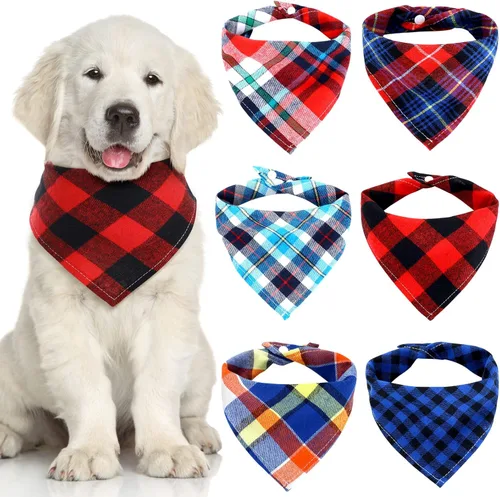 Vista 8 de Honoson 6 pañuelos triangulares para perro, bufanda para perro, bufanda con estampado a cuadros, baberos ajustables, lavables, juego de bandana
