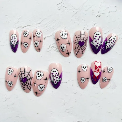 Vista 5 de 24 uñas postizas de Halloween a presión en forma de almendra, uñas postizas de cobertura completa con diseños de telaraña de calavera, uñas