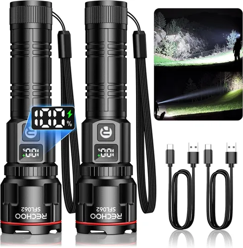 Vista 9 de RECHOO Linternas recargables 1 paquete, linterna LED súper brillante de alto lúmenes con pantalla digital LCD, 3 modos de iluminación y luces flash