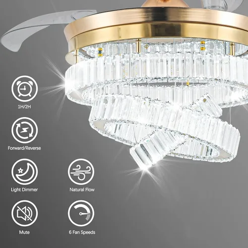 Vista 2 de CLAIRDAI Ventilador de techo de 42" de oro con candelabro de cristal y luces con APP y control remoto, lámparas regulables, 3 cambios