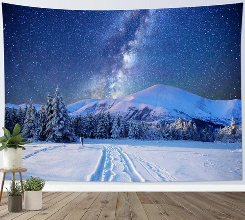 HVEST Tapiz de cielo estrellado, nieve, montaña, para colgar en la pared, bosque de pinos, tapices para dormitorio, sala de estar, decoración de