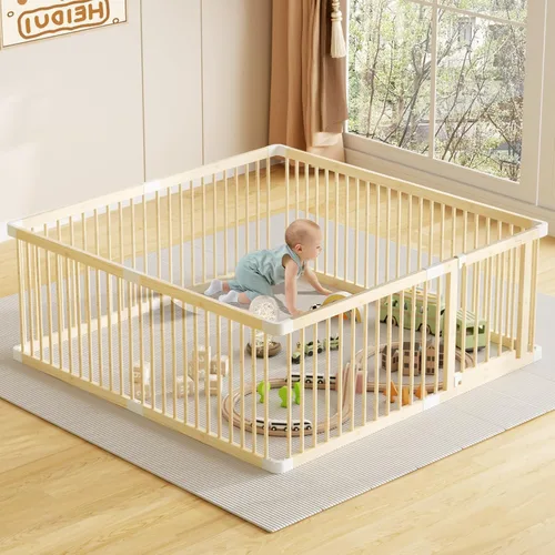 Vista 8 de LOVMOR Corralito grande de madera para bebés, puerta ajustable para niños pequeños y bebés, patio de juegos resistente con puerta, área de juego