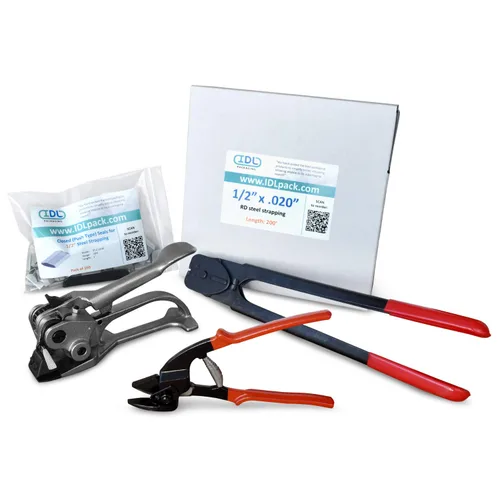 Vista 55 de IDL Packaging PRO Kit de flejado de acero de 1/2 pulgada x 200 pies, resistencia a la rotura de 1100 libras, herramientas de grado profesional