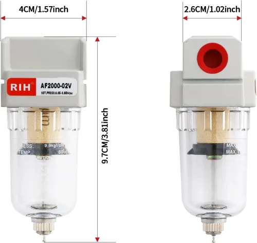 Vista 2 de RIH Secador de aire NPT de 1/4 "para compresor, separador de agua del compresor de aire, filtro del compresor de aire, drenaje manual AF2000-02