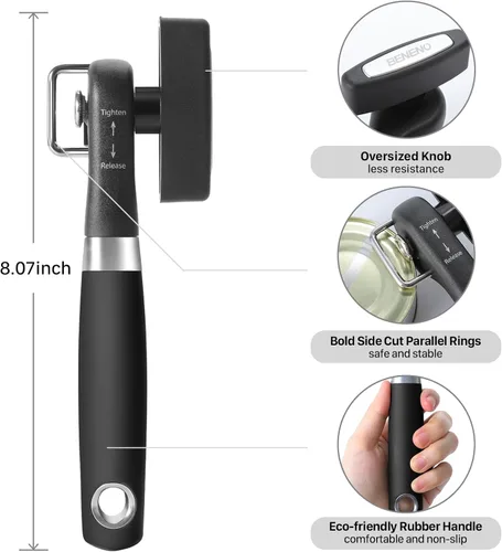 Vista 2 de Abrelatas manual de corte lateral seguro con hoja afilada duradera, corte de borde suave, perilla grande sin esfuerzo, mango de agarre cómodo, negro