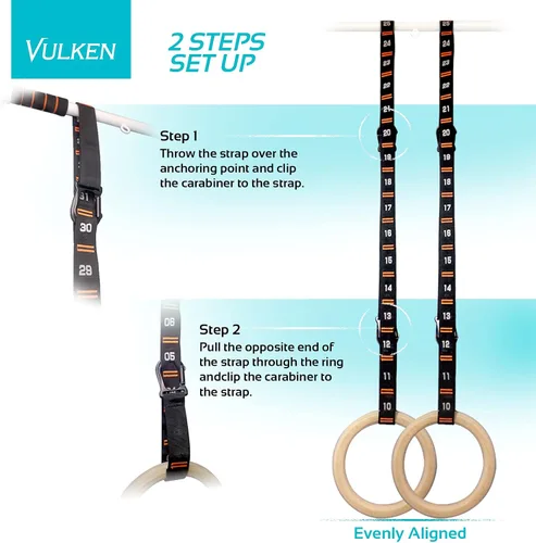 Vista 2 de Vulken Adjustable Numbered Straps for Gymnastic Rings Carabiners Quick Hook System Easy to Set Up One Pair Strap Only