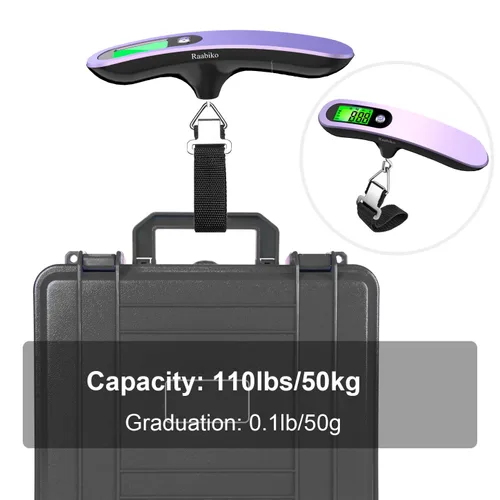 Vista 4 de Raabiko Báscula digital de equipaje (paquete de 2), báscula digital de equipaje de mano con capacidad de 110 libras, batería incluida, lavanda