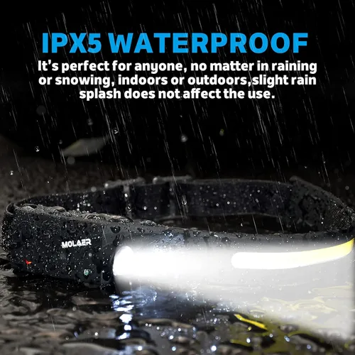 Vista 5 de Linterna frontal LED recargable, linterna de iluminación de 230° con sensor de movimiento, ligera, resistente a la intemperie, 2 fuentes de luz