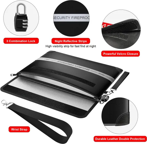 Vista 3 de COLCASE Bolsa de documentos ignífuga con cerradura de 5200 ℉ con aislamiento térmico impermeable e ignífugo con cremallera, bolsa ignífuga