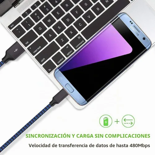 Vista 4 de Cable micro USB, 3 unidades, cargador Android de 10 pies, cable de carga Azul