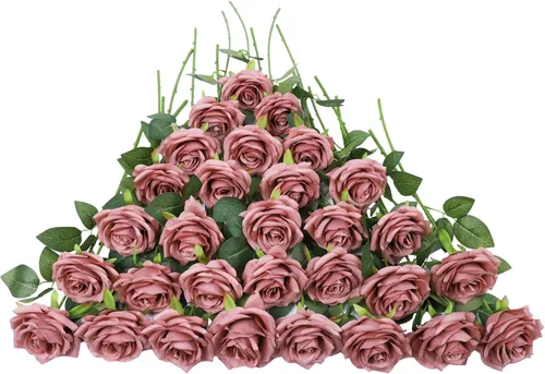 Vista 46 de LVEFIT Flores Artificiales de Rosa Rosas Polvorientas Flores de Seda 12 piezas con Rosas de Seda de Tallo Largo Ramo para Boda, Ducha Nupcial