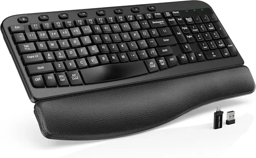 Vista 12 de Combo de teclado y mouse inalámbricos – Tecla de onda ergonómica, reposa muñecas de cuero suave incorporado, 2.4G de tamaño completo, 8 teclas