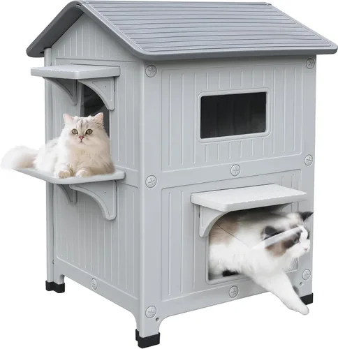 Casa para gatos al aire libre Weatherpoof - Casas de plástico para gatos con puerta de escape, 2 pisos, impermeable, refugio para gatos y mascotas,