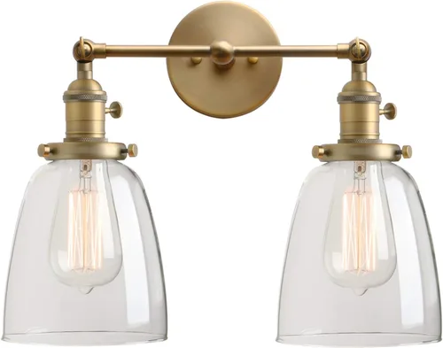 PERMO Aplique doble vintage industrial antiguo 2 luces apliques de pared con cono ovalado pantalla de vidrio transparente (antiguo)