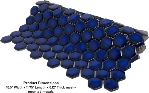 Vista 5 de Tenedos Azulejo de mosaico de porcelana hexagonal azul cobalto de 1 pulgada con acabado brillante, caja de 5 hojas para cocina, salpicadero, baño