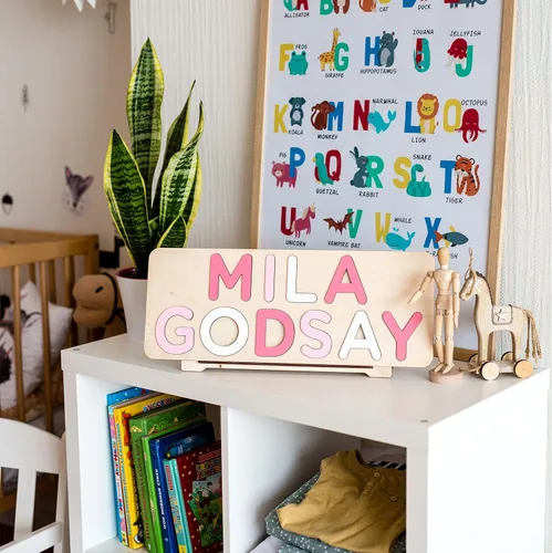 Vista 9 de Rompecabezas de madera personalizado con nombre para niños, juguetes educativos personalizados de aprendizaje temprano para bebés, primer