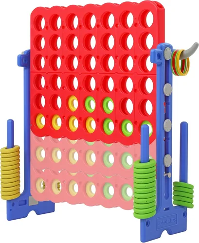 SDADI - Juego gigante ajustable en altura de 4 en fila, juego Jumbo 2-en-1 de 4 anotaciones con juego de lanzamiento de anillos, juego de patio para