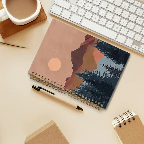 Vista 2 de Cuaderno abstracto bohemio con espiral de sol y montaña, cubierta dura laminada, con rayas universitarias de 5.5 x 8.3 pulgadas, suministro