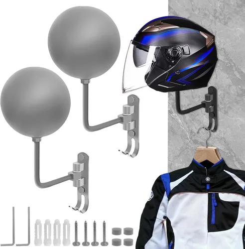 Vista 10 de Soporte para casco de motocicleta, soporte para casco montaje en pared rotación de 180° colgador con 2 ganchos para abrigos, gorras, accesorios