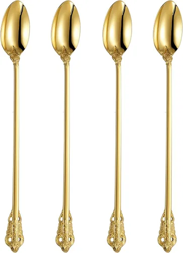 KEAWELL Lujoso juego de cucharas de té helado de 9 pulgadas de largo, 4 piezas, diseño magnífico con acabado pulido de espejo excepcional, acero