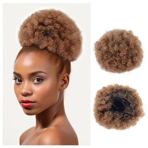 Vista 12 de Extensión de cola de caballo afro con cordón, corta sintética afro rizada para cabello natural, clip en cordón rizado, moño (grande, 1B#)