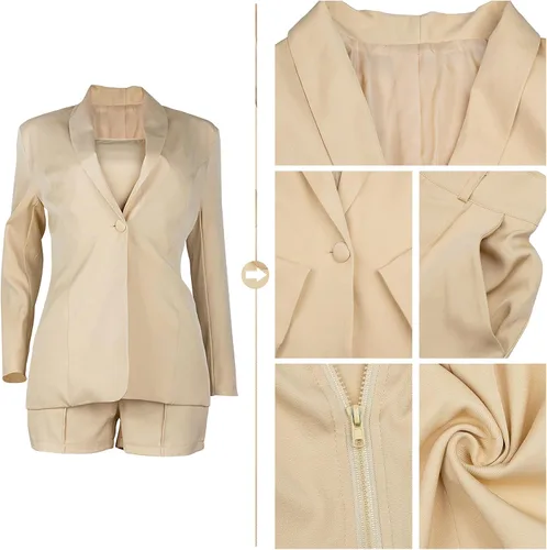 Vista 3 de Conjunto de 3 piezas de blazer para mujer, blazer con botón frontal abierto + blusa corta + pantalones cortos con cinturón, conjuntos de traje