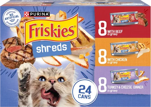 Purina Friskies - Paquete variado de comida húmeda para gatos con salsa, trocitos con carne de res, con pollo, y cena de pavo con queso - (Paquete