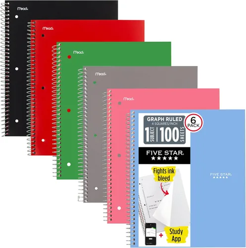 Five Star Cuaderno de espiral + aplicación de estudio, paquete de 6, 1 materia, papel cuadriculado, 8-1/2" x 11", 100 hojas, combate el sangrado de