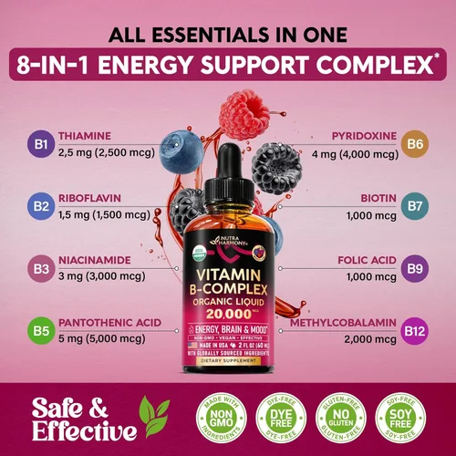 Vista 5 de Vitamina B-Complex orgánico USDA B5 ácido pantoténico B12 metilcobalamina B1 tiamina B6 piridoxina B7 biotina B9 ácido fólico B3
