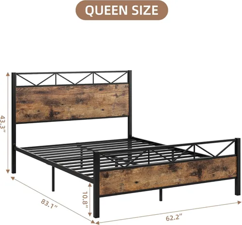Vista 13 de Senfot Base de cama de tamaño matrimonial con cabecera y estribo de madera rústica, plataforma de metal, soporte de listones de acero resistente,