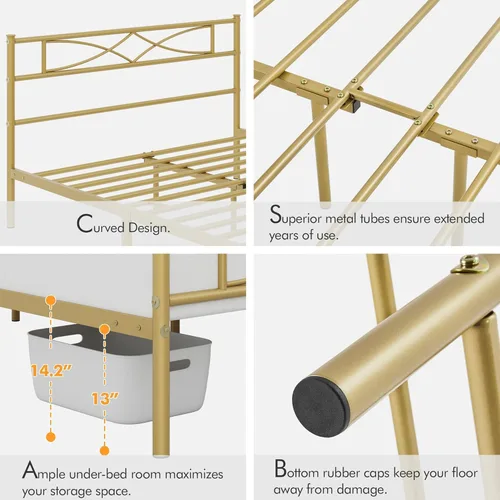 Vista 54 de Yaheetech Base de cama de metal individual, base de cama con plataforma, base de colchón con cabecera y estribo de diseño curvo, soporte resistente
