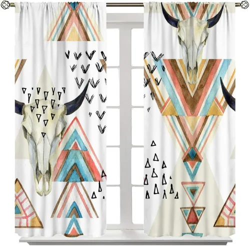 Vista 64 de Cortinas con patrón geométrico tribal, estilo suroeste, azteca, rústico, occidental, nativo americano, opacas, con bolsillo para barra, decoración