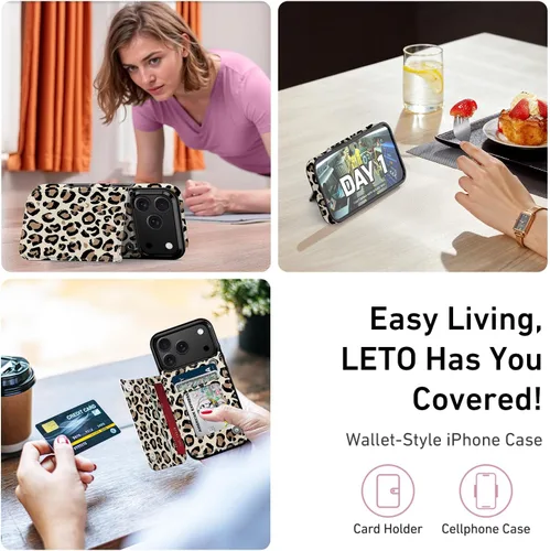 Vista 1355 de LETO para iPhone 15 Pro Funda tipo cartera - Tapa tipo folio con patada - Diseños de moda - Tarjetero - Funda protectora para mujeres y niñas - 6.1