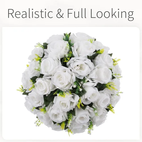 Vista 5 de Bolas de flores para centros de mesa, rosas de boda, 2 bolas de rosas artificiales con base, bola de flores falsas blancas, bola de beso, arreglo