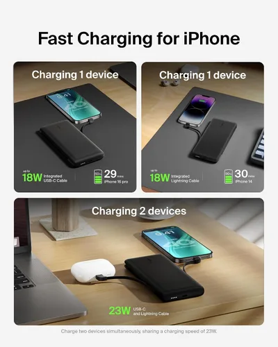 Vista 7 de Belkin Banco de Energía Cargador Portátil para iPhone/Android - 10,000mAh, Paquete de Batería de 23W para Teléfono con Cables USB-C y Lightning